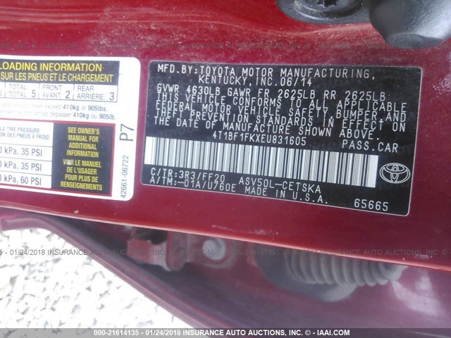 4T1BF1FKXEU831605 - 2014 TOYOTA CAMRY L/SE/LE/XLE RED photo 9