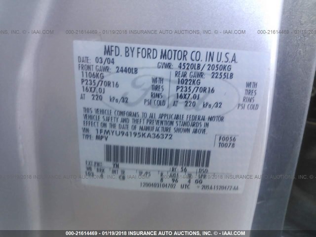 1FMYU94195KA36372 - 2005 FORD ESCAPE LIMITED SILVER photo 9