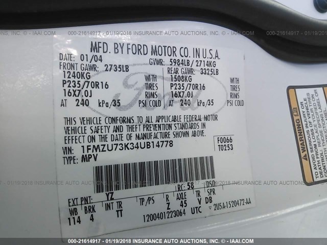 1FMZU73K34UB14778 - 2004 FORD EXPLORER XLT/XLT SPORT/NBX 白色 照片 9