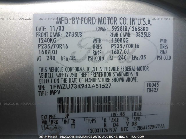 1FMZU73K94ZA51527 - 2004 FORD EXPLORER XLT/XLT SPORT/NBX 银色 照片 9