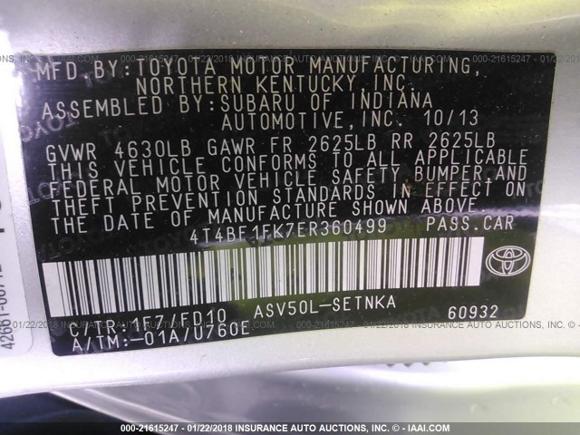 4T4BF1FK7ER360499 - 2014 TOYOTA CAMRY L/SE/LE/XLE Gümüş foto 9