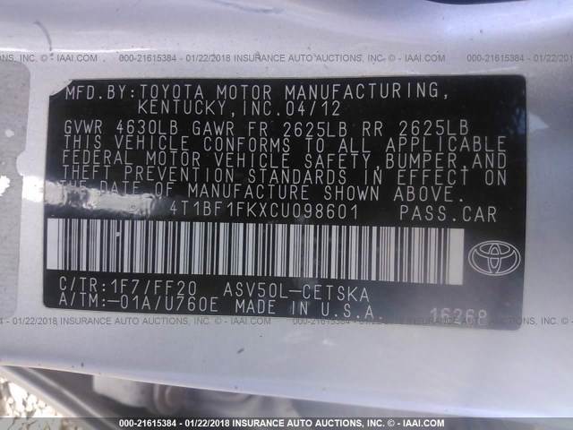 4T1BF1FKXCU098601 - 2012 TOYOTA CAMRY SE/LE/XLE SILVER photo 9