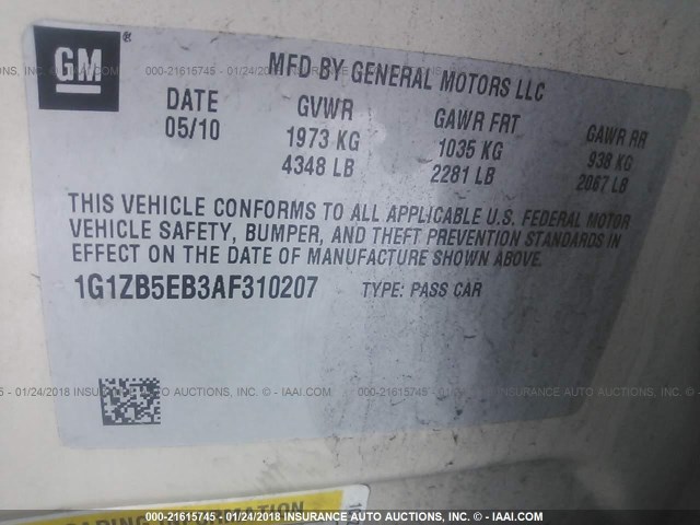 1G1ZB5EB3AF310207 - 2010 CHEVROLET MALIBU LS თაფლისფერი ფოტო 9