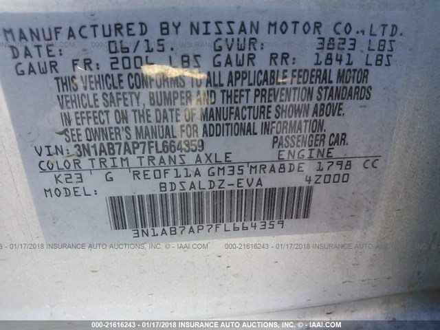 3N1AB7AP7FL664359 - 2015 NISSAN SENTRA S/SV/SR/SL SILVER photo 9