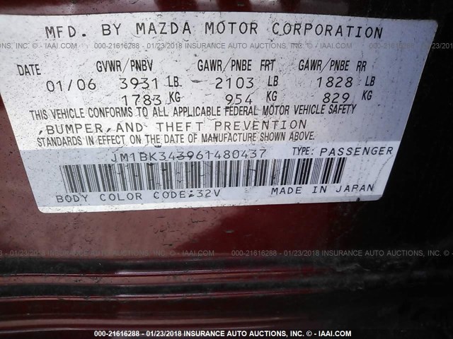 JM1BK343961480437 - 2006 MAZDA 3 HATCHBACK RED photo 9