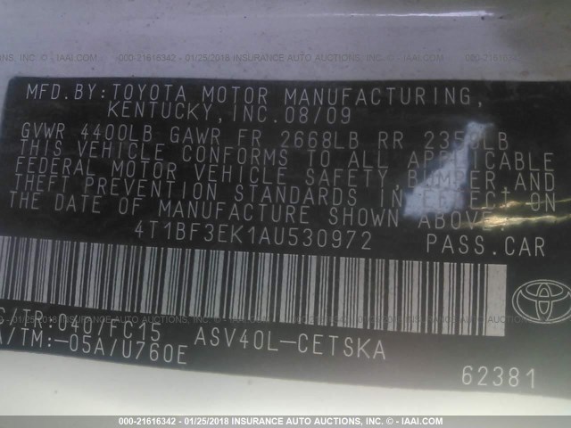 4T1BF3EK1AU530972 - 2010 TOYOTA CAMRY SE/LE/XLE WHITE photo 9