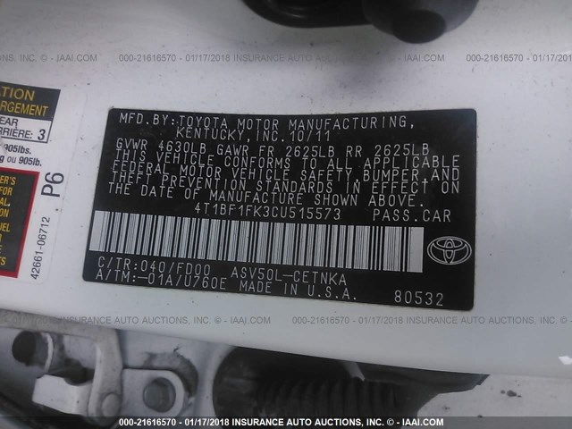 4T1BF1FK3CU515573 - 2012 TOYOTA CAMRY SE/LE/XLE WHITE photo 9