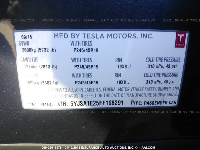 5YJSA1E25FF108291 - 2015 TESLA MODEL S 灰色 照片 9