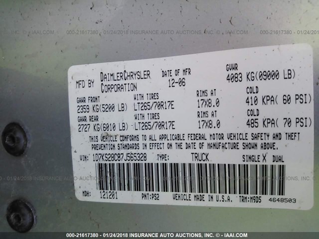 1D7KS28C87J565328 - 2007 DODGE RAM 2500 ST/SLT 银色 照片 9