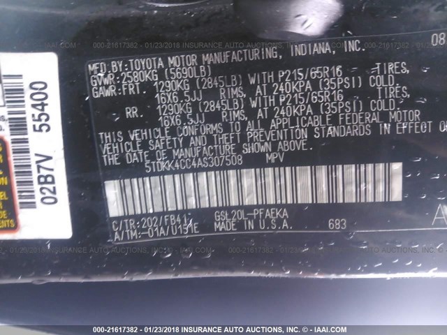 5TDKK4CC4AS307508 - 2010 TOYOTA SIENNA CE/LE BLACK photo 9