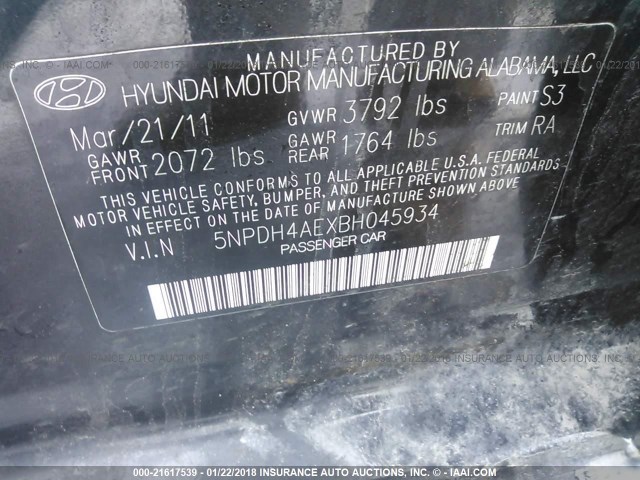 5NPDH4AEXBH045934 - 2011 HYUNDAI ELANTRA GLS/LIMITED BLACK photo 9