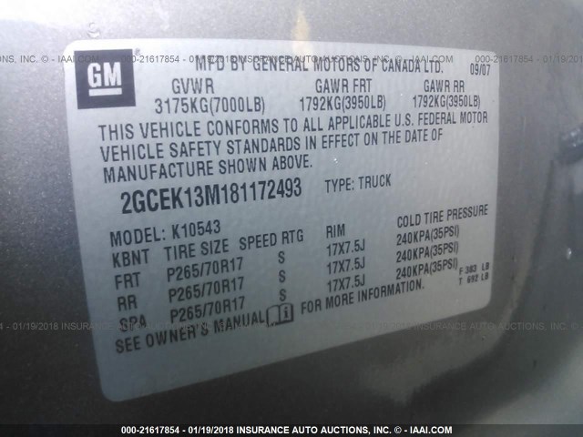 2GCEK13M181172493 - 2008 CHEVROLET SILVERADO K1500 GRAY photo 9