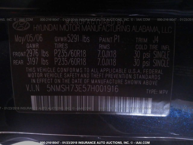 5NMSH73E57H001916 - 2007 HYUNDAI SANTA FE SE/LIMITED BLUE photo 9