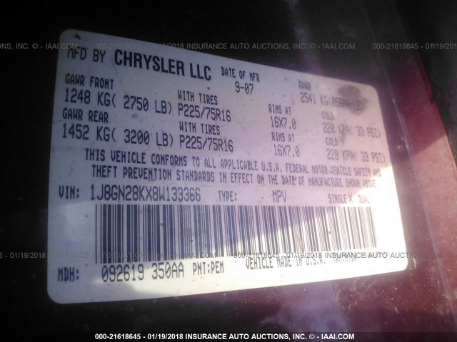 1J8GN28KX8W133366 - 2008 JEEP LIBERTY SPORT 栗色 照片 9