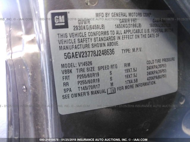 5GAEV23778J248636 - 2008 BUICK ENCLAVE CXL Marron photo 9