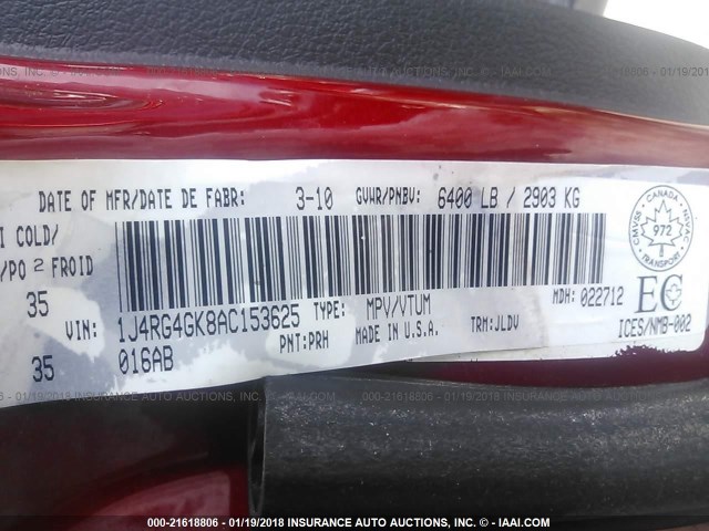 1J4RG4GK8AC153625 - 2010 JEEP COMMANDER SPORT Կարմիր լուսանկար 9