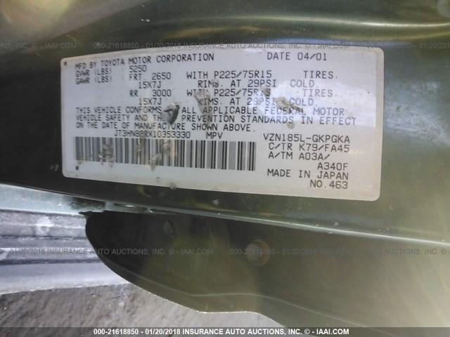 JT3HN86RX10353330 - 2001 TOYOTA 4RUNNER SR5 GREEN photo 9