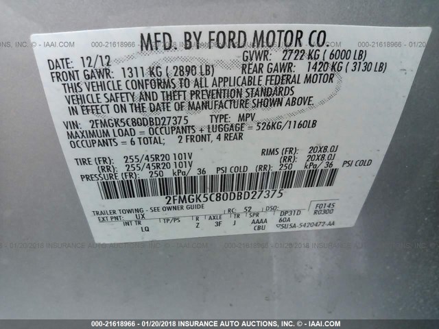 2FMGK5C80DBD27375 - 2013 FORD FLEX SEL SILVER photo 9