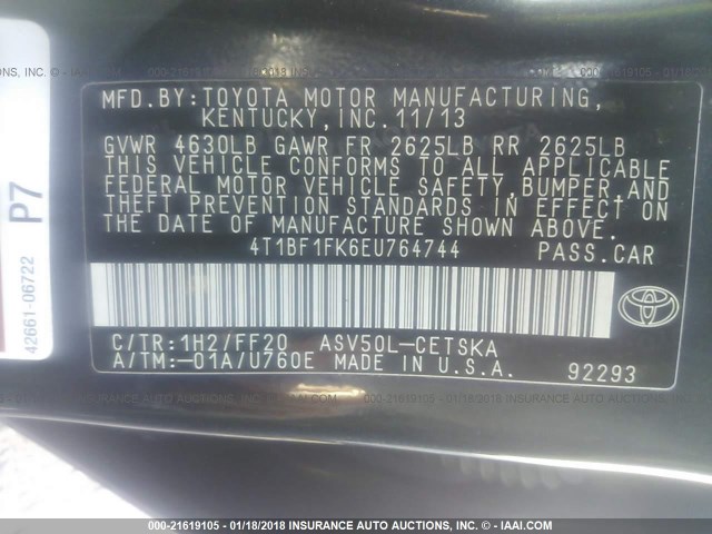 4T1BF1FK6EU764744 - 2014 TOYOTA CAMRY L/SE/LE/XLE 绿色 照片 9