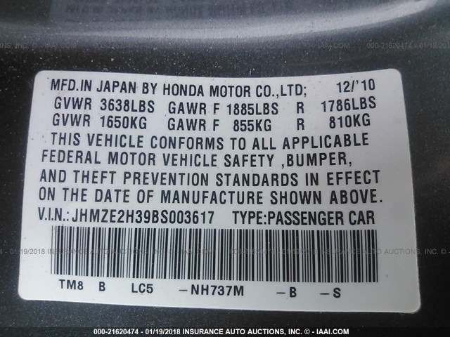 JHMZE2H39BS003617 - 2011 HONDA INSIGHT GRAY photo 9