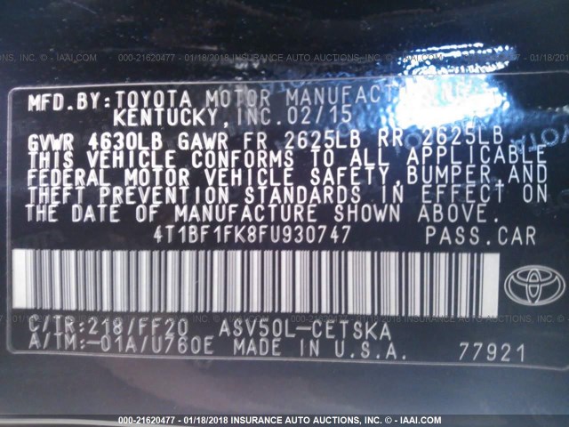 4T1BF1FK8FU930747 - 2015 TOYOTA CAMRY LE/XLE/SE/XSE BLACK photo 9