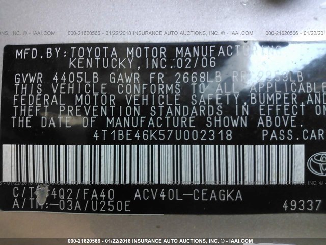 4T1BE46K57U002318 - 2007 TOYOTA CAMRY NEW GENERAT CE/LE/XLE/SE GOLD photo 9
