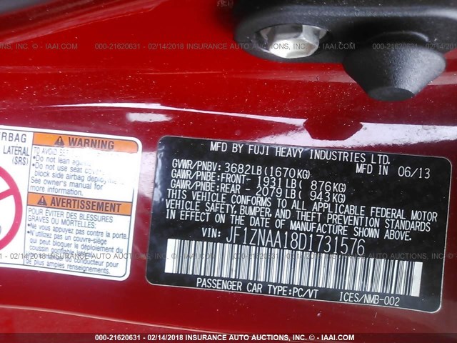 JF1ZNAA18D1731576 - 2013 TOYOTA SCION FR-S RED photo 9