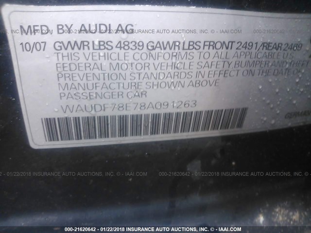 WAUDF78E78A091263 - 2008 AUDI A4 2.0T QUATTRO BLUE photo 9