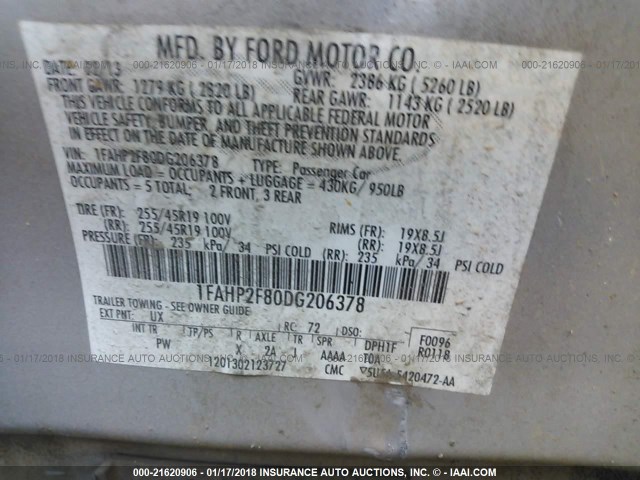 1FAHP2F80DG206378 - 2013 FORD TAURUS LIMITED SILVER photo 9