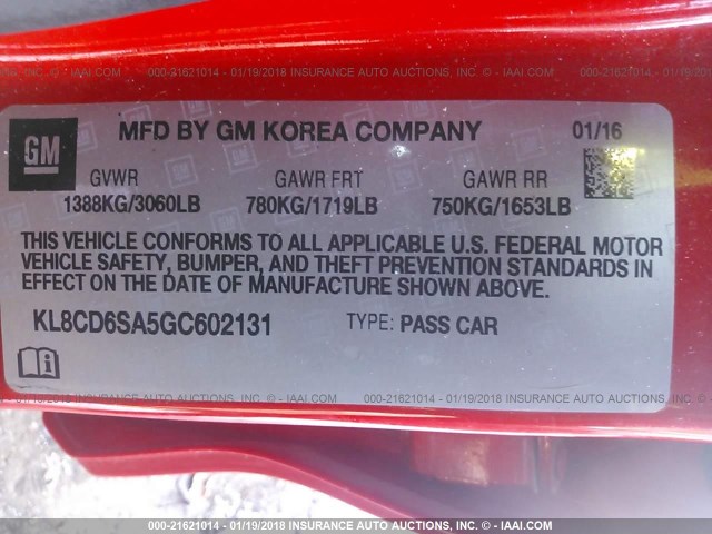KL8CD6SA5GC602131 - 2016 CHEVROLET SPARK 1LT Красный фото 9