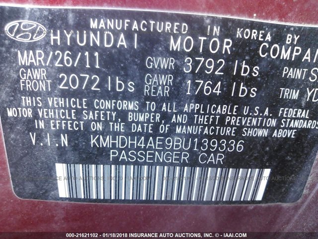 KMHDH4AE9BU139336 - 2011 HYUNDAI ELANTRA GLS/LIMITED MAROON photo 9