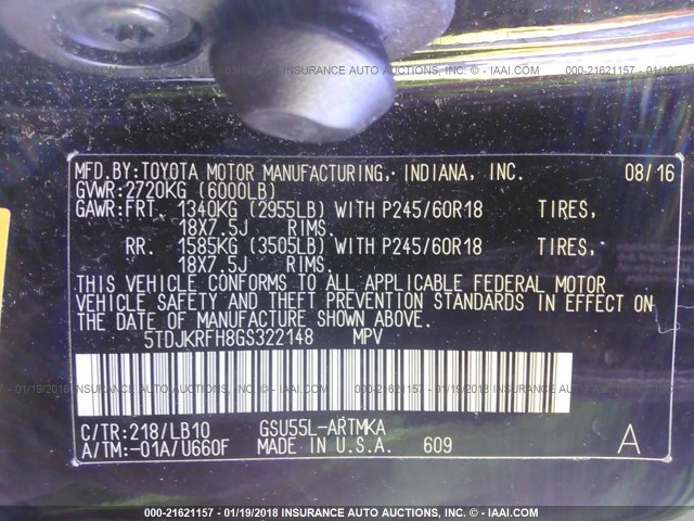 5TDJKRFH8GS322148 - 2016 TOYOTA HIGHLANDER XLE შავი ფოტო 9