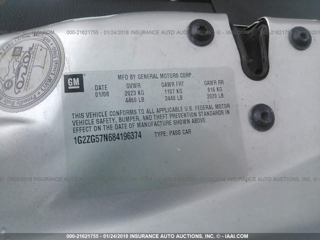 1G2ZG57N684196374 - 2008 PONTIAC G6 SE SILVER photo 9