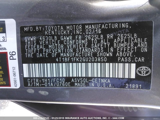 4T1BF1FK2GU203850 - 2016 TOYOTA CAMRY LE/XLE/SE/XSE GRAY photo 9