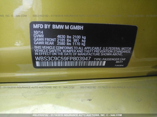 WBS3C9C59FP803947 - 2015 BMW M3 YELLOW photo 7