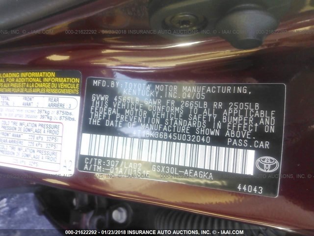 4T1BK36B45U032040 - 2005 TOYOTA AVALON XL/XLS/TOURING/LIMITED MAROON photo 9