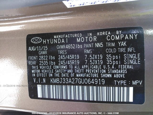 KM8J33A27GU064919 - 2016 HYUNDAI TUCSON LIMITED/SPORT AND ECO/SE BROWN photo 9