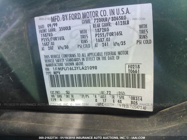 1FMPU16L3YLA21098 - 2000 FORD EXPEDITION XLT GREEN photo 9