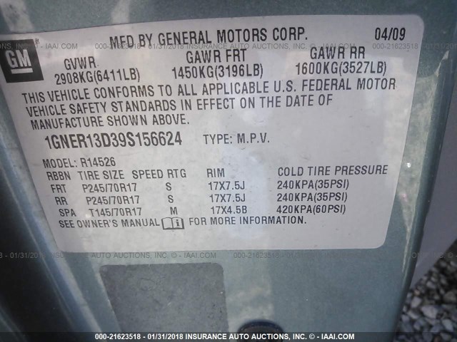 1GNER13D39S156624 - 2009 CHEVROLET TRAVERSE LS BLUE photo 9