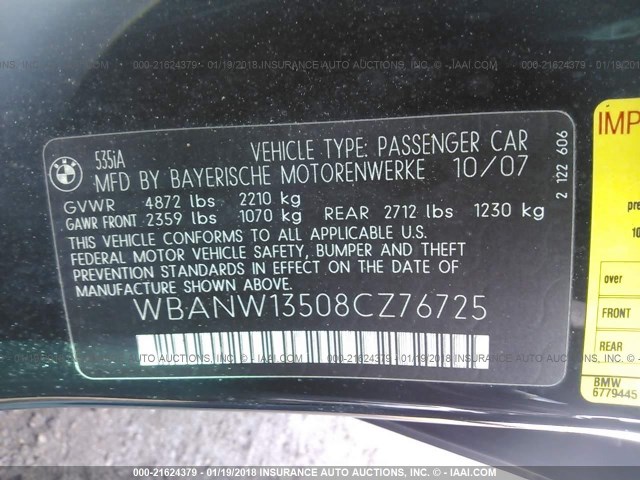 WBANW13508CZ76725 - 2008 BMW 535 I BLACK photo 9