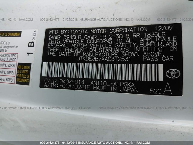 JTKDE3B7XA0312531 - 2010 TOYOTA SCION TC 白色 照片 9