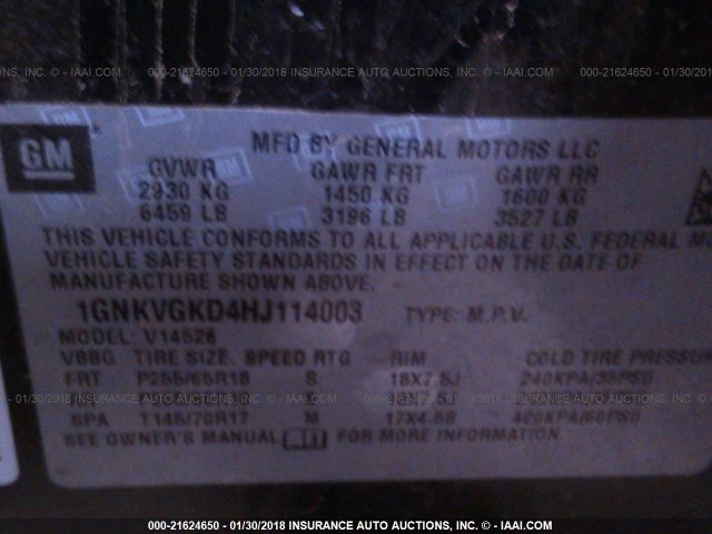 1GNKVGKD4HJ114003 - 2017 CHEVROLET TRAVERSE LT BLACK photo 9