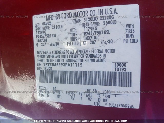 1FTZR45E93PA11115 - 2003 FORD RANGER SUPER CAB RED photo 9