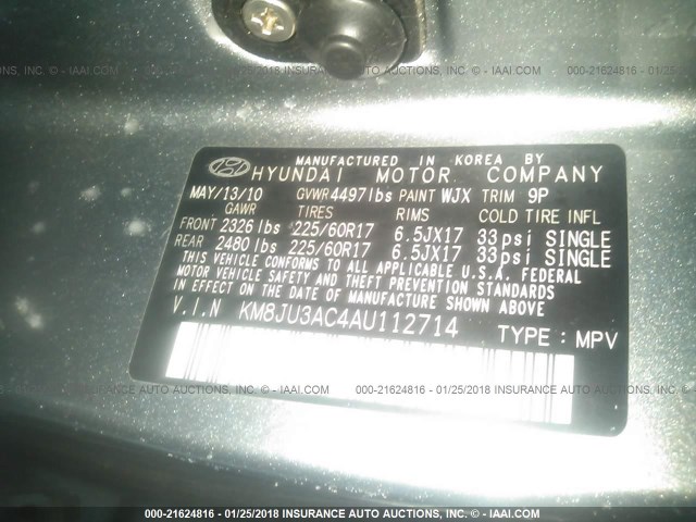 KM8JU3AC4AU112714 - 2010 HYUNDAI TUCSON GLS/LIMITED ნაცრისფერი ფოტო 9