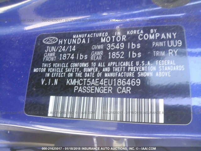 KMHCT5AE4EU186469 - 2014 HYUNDAI ACCENT GLS/GS BLUE photo 9