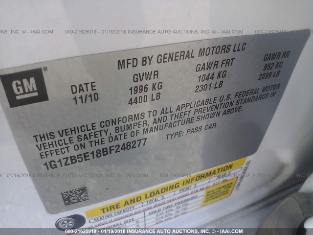 1G1ZB5E18BF248277 - 2011 CHEVROLET MALIBU LS 白色 照片 9