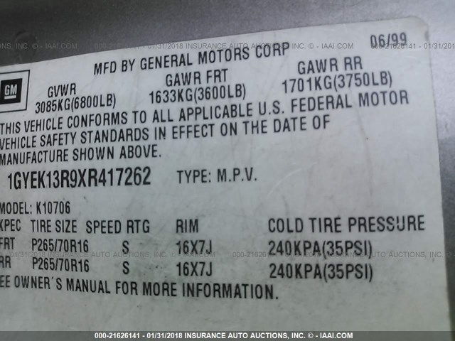 1GYEK13R9XR417262 - 1999 CADILLAC ESCALADE BEIGE photo 9