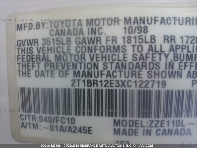 2T1BR12E3XC122719 - 1999 TOYOTA COROLLA VE/CE/LE WHITE photo 9