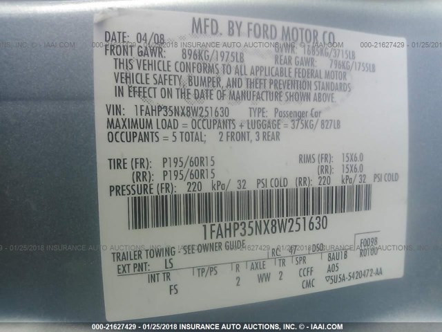 1FAHP35NX8W251630 - 2008 FORD FOCUS SE/SEL/SES Light Blue photo 9