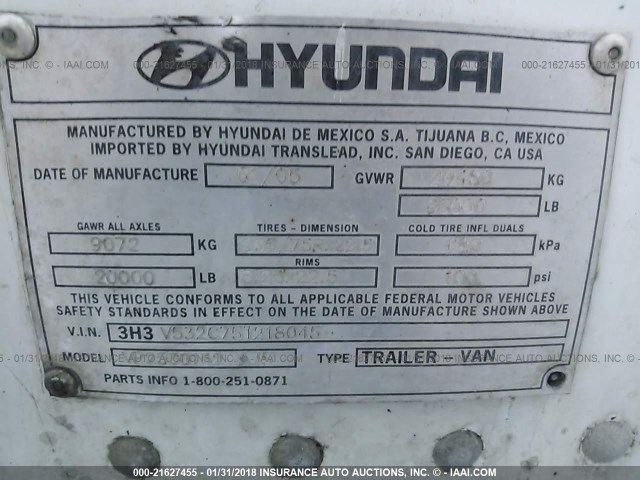 3H3V532C75T218045 - 2005 HYUNDAI STEEL INDUSTRIES VAN  Weiß Foto 9